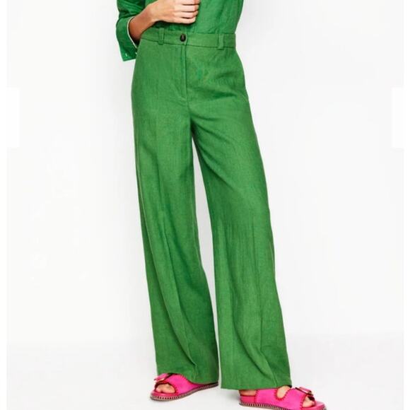 Boden Westbourne Linen Pants 12 Long Tall Kelly Green Wide Leg Career Casual - Picture 2 of 12